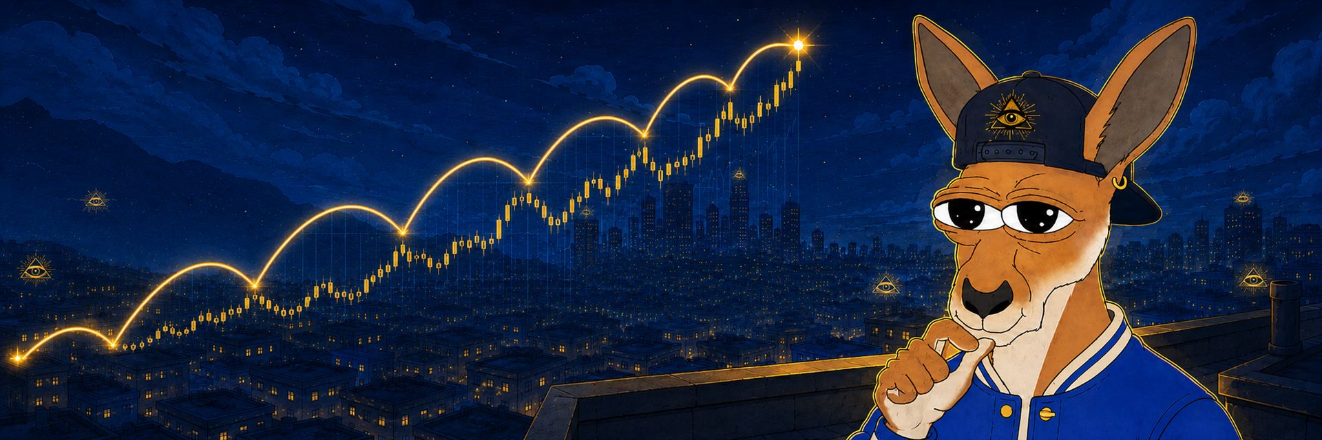 Surveillance photo: Roo thinking calmly over the city at night while a golden candlestick chart hops upward behind him