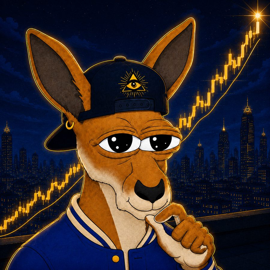 Portrait of Roo: a kangaroo with half-closed knowing eyes, a gold earring, and a backwards cap bearing the all-seeing eye